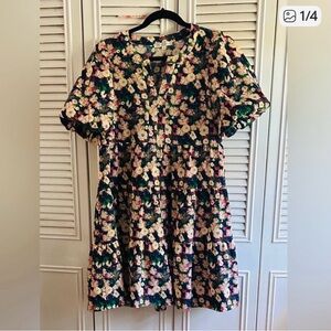 Joy Joy Navy Floral Tiered Dress with Cream Blossoms